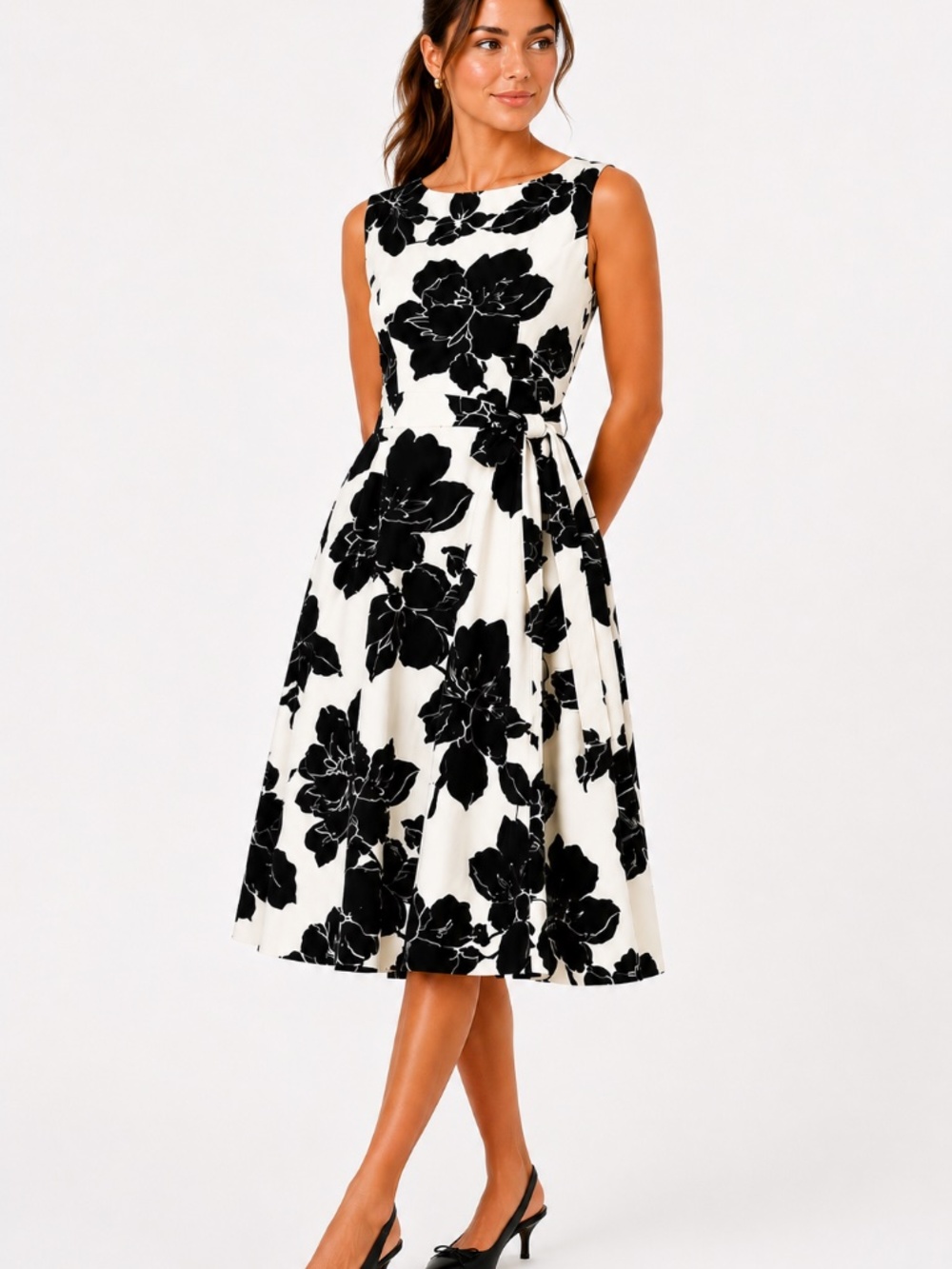 H&M Black White Floral Fit & Flare Dress Size 6 Sleeveless Belted Midi
